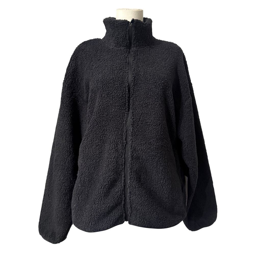 NWT HYPE Black Sherpa Teddy Fleece Full Zip Mock Neck Jacket Women Large Cozy